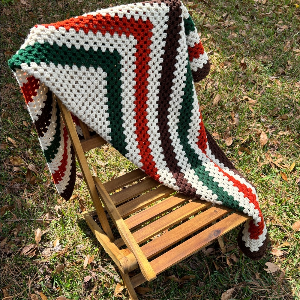 Handmade Afghan - Green, Orange, Brown and White